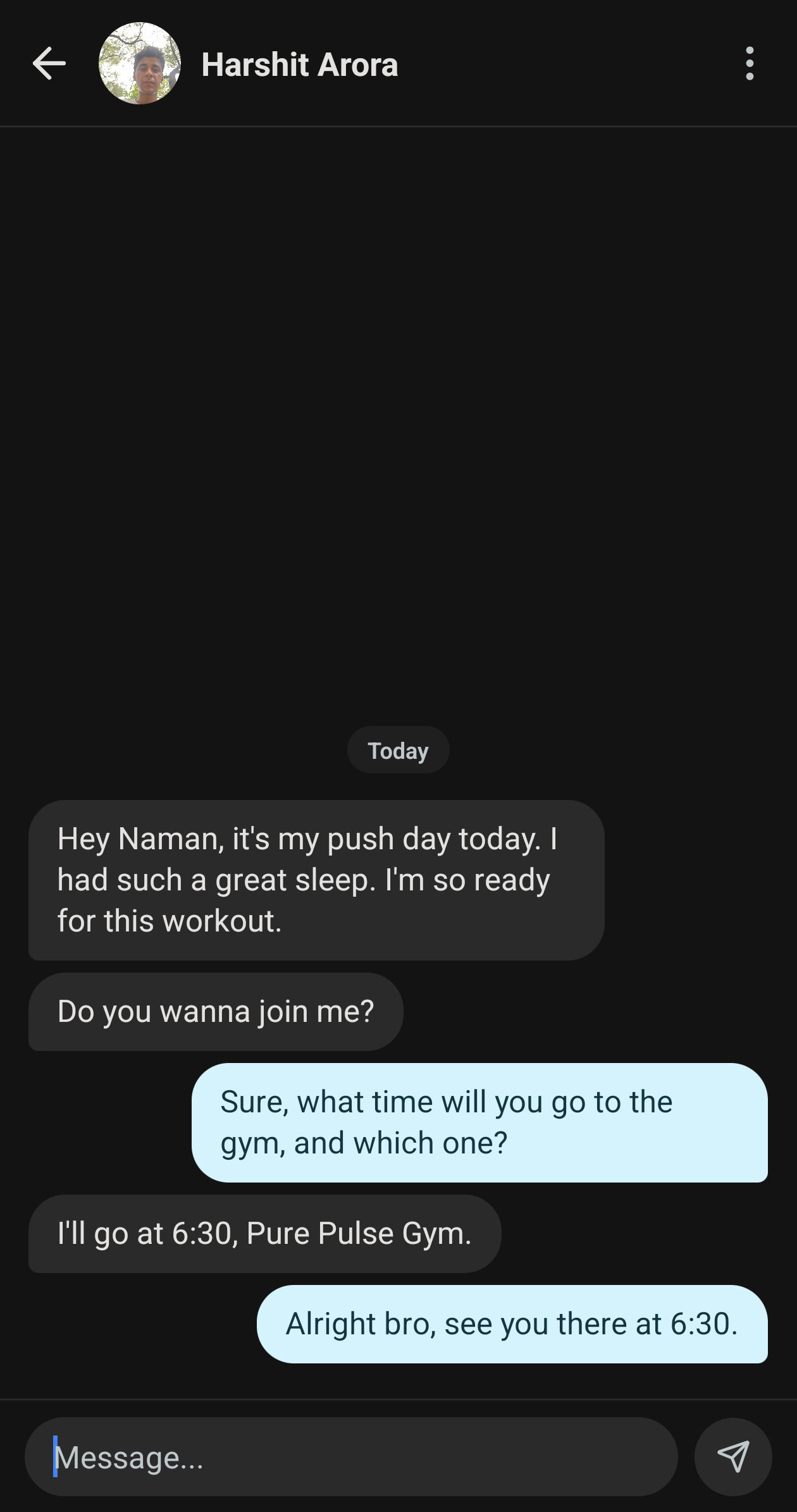 FitSocial direct message between founders Harshit and Naman arranging a workout