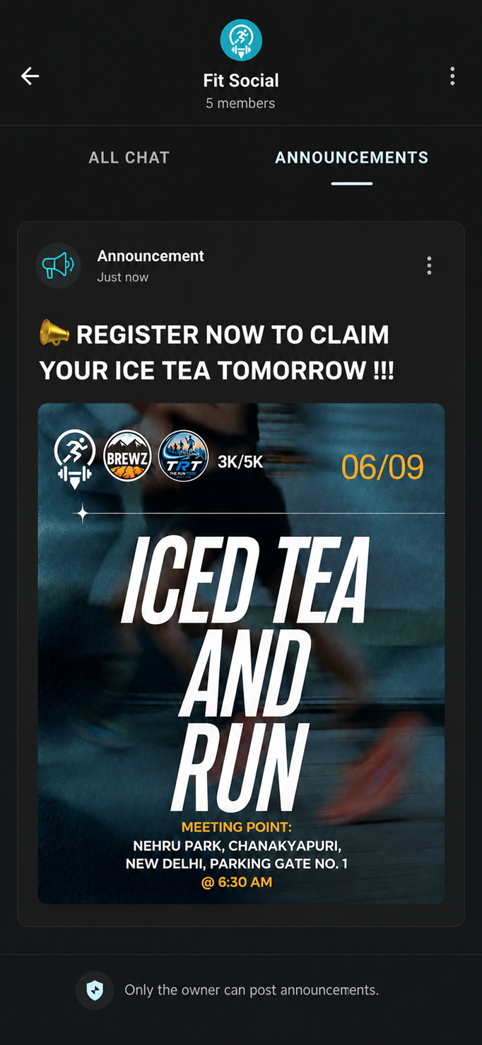 FitSocial squad announcements screen showing an upcoming group run